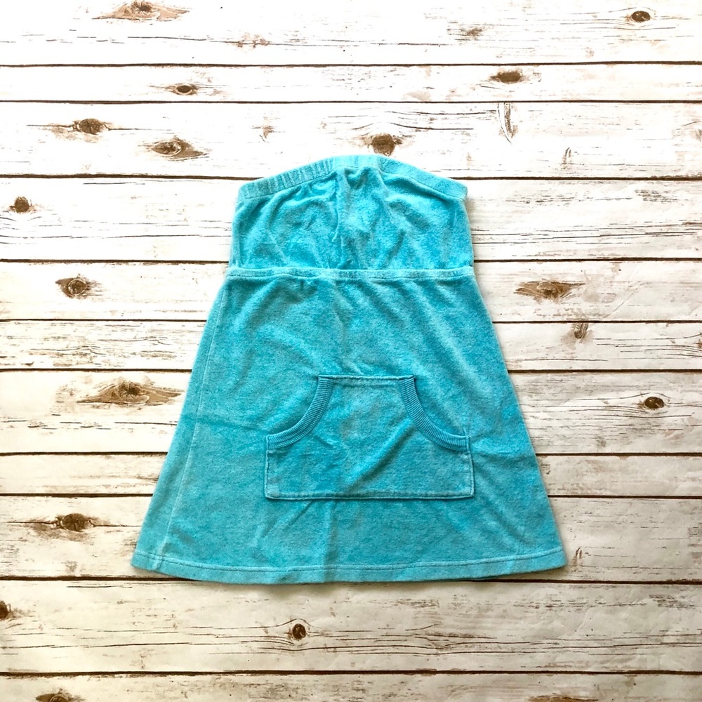 Strapless teal terrycloth mini swim coverup pouch pocket empire waist size small